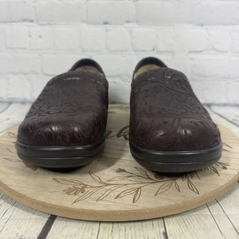 Alegria Keli KEL-433 Womens 7.5-8 US 38 EU Brown Embossed Leather Clogs Slip On